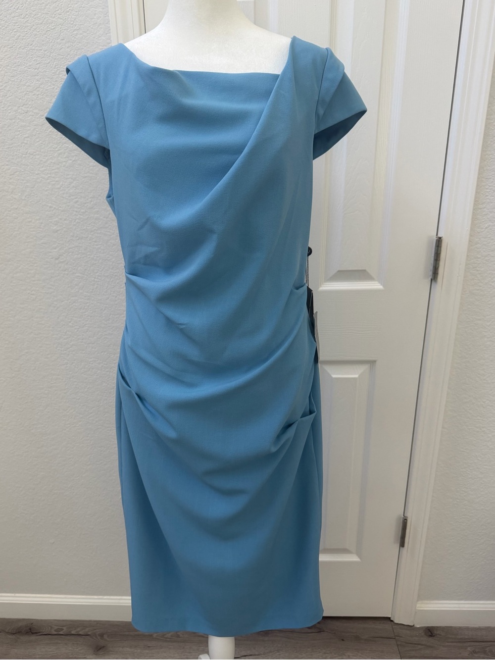 Adrianna Papell Draped Ruched Cap Sleeve Midi Dress Light Blue NWT 10